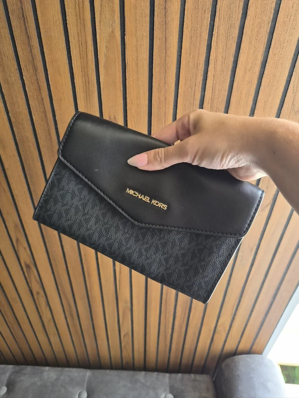 Michael Kors Black Leather Envelope Clutch Wallet with Gold Logo